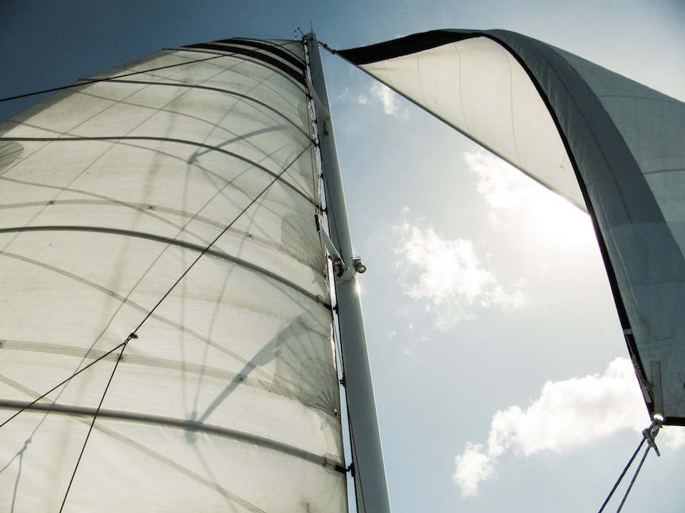 White sails in front of clear skies