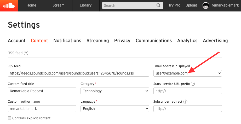 SoundCloud email address displayed