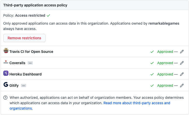 Deny Travis CI access from organization account settings Third-party access